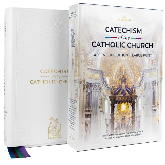 Catechism of the Catholic Church book with cover showing cathedral interior