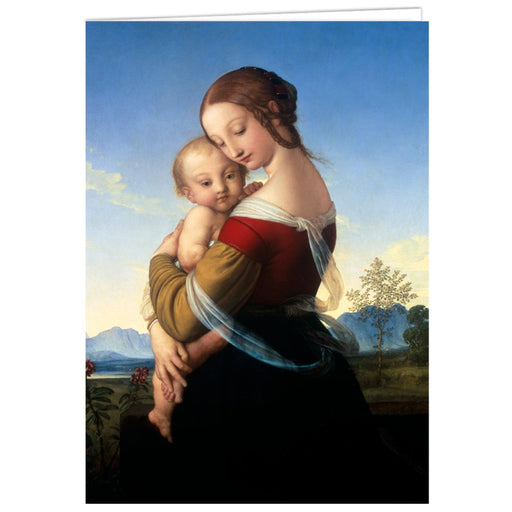 Painting of a woman holding a child with a scenic background