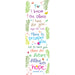 A vertical decorative wall art print featuring a colorful Bible verse from Jeremiah 29:11 with playful hand-lettered text, small butterflies, flowers, and green leafy borders on a white background.