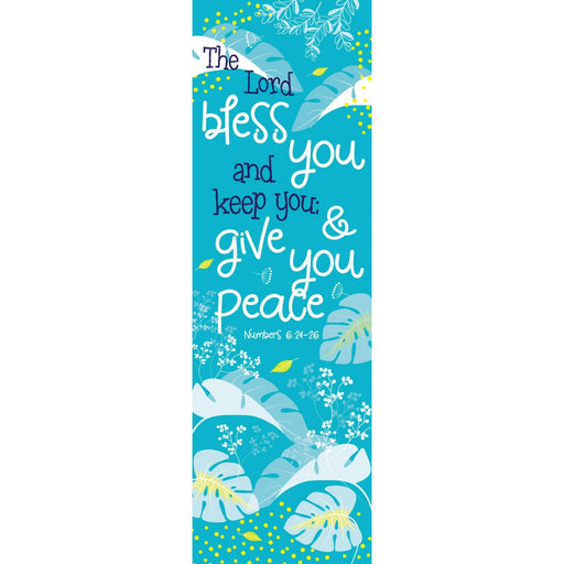 A vertical decorative sign or print featuring the Bible verse 'The Lord bless you and keep you, and give you peace Numbers 6:24-26' in white script over a bright turquoise background with tropical leaf illustrations and small yellow floral accents.