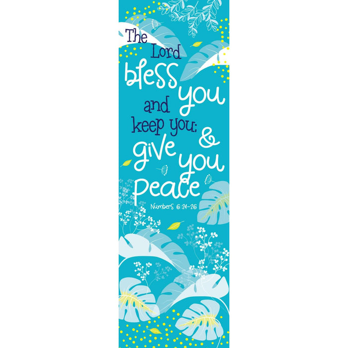 A vertical decorative sign or print featuring the Bible verse 'The Lord bless you and keep you, and give you peace Numbers 6:24-26' in white script over a bright turquoise background with tropical leaf illustrations and small yellow floral accents.