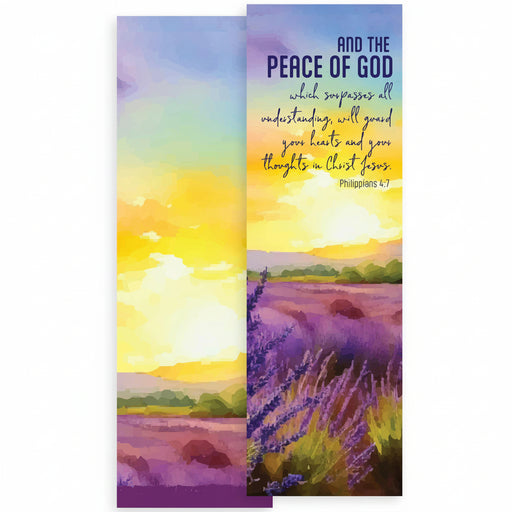 Two vertical bookmarks with watercolor landscape artwork and Bible verse text. One bookmark shows a yellow and purple sunset sky, and the other shows a purple lavender field with the text 'AND THE PEACE OF GOD' and 'Philippians 4:7'.