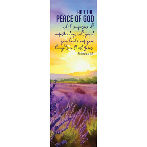 A tall, narrow decorative print or bookmark featuring a watercolor lavender field at sunset with the Bible verse Philippians 4:7: 'AND THE PEACE OF GOD which surpasses all understanding, will guard your hearts and your thoughts in Christ Jesus.'.