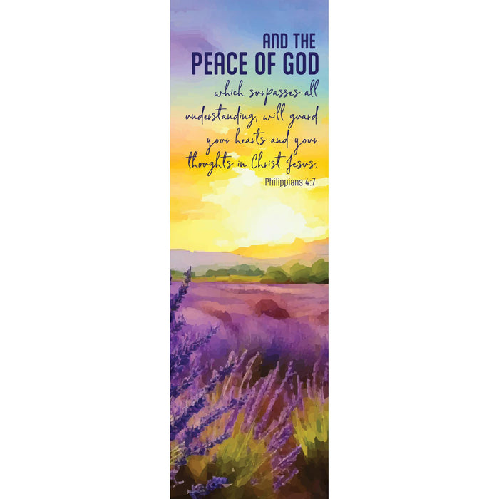 A tall, narrow decorative print or bookmark featuring a watercolor lavender field at sunset with the Bible verse Philippians 4:7: 'AND THE PEACE OF GOD which surpasses all understanding, will guard your hearts and your thoughts in Christ Jesus.'.