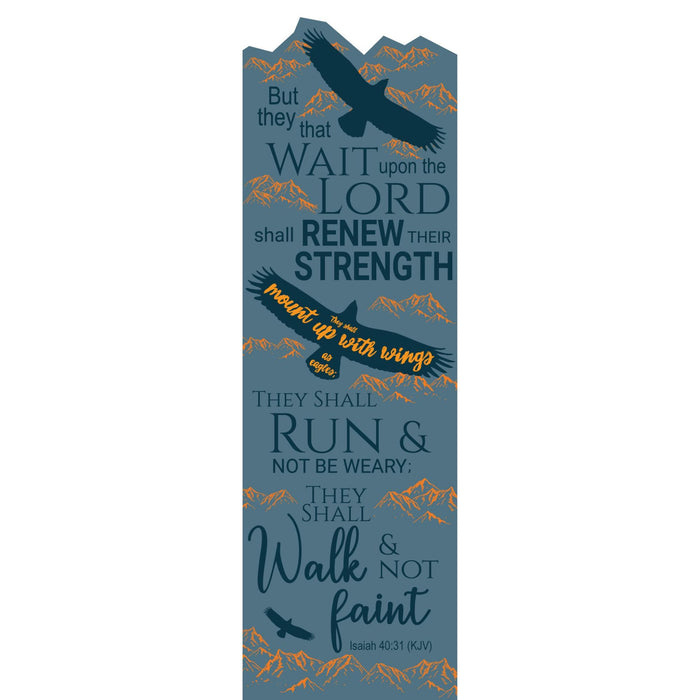 A vertical decorative wall sign featuring a Bible verse from Psalm 40:31 (KJV) with stylized typography, mountain illustrations, and bird silhouettes on a slate blue background.