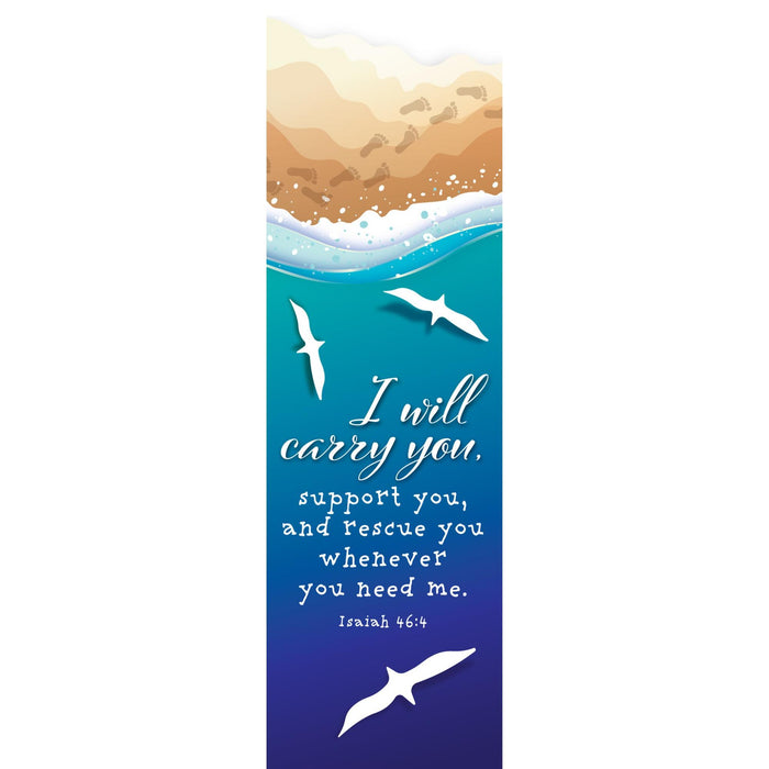A vertical rectangular print or card featuring a beach and ocean scene with white seagull silhouettes and the Bible verse 'I will carry you, support you, and rescue you whenever you need me. Isaiah 46:4' in white text on a blue gradient background.