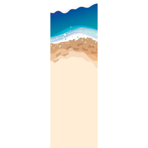 Footprints prayer. A minimalist beach scene illustration with blue ocean waves, white foam, tan shoreline, and a large blank beige area below, likely a decorative print or design template.