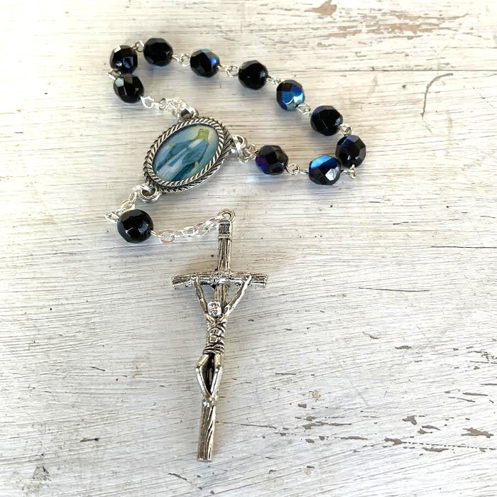 Black Crystal Glass One Decade Rosary, With Coloured Miraculous Medal
