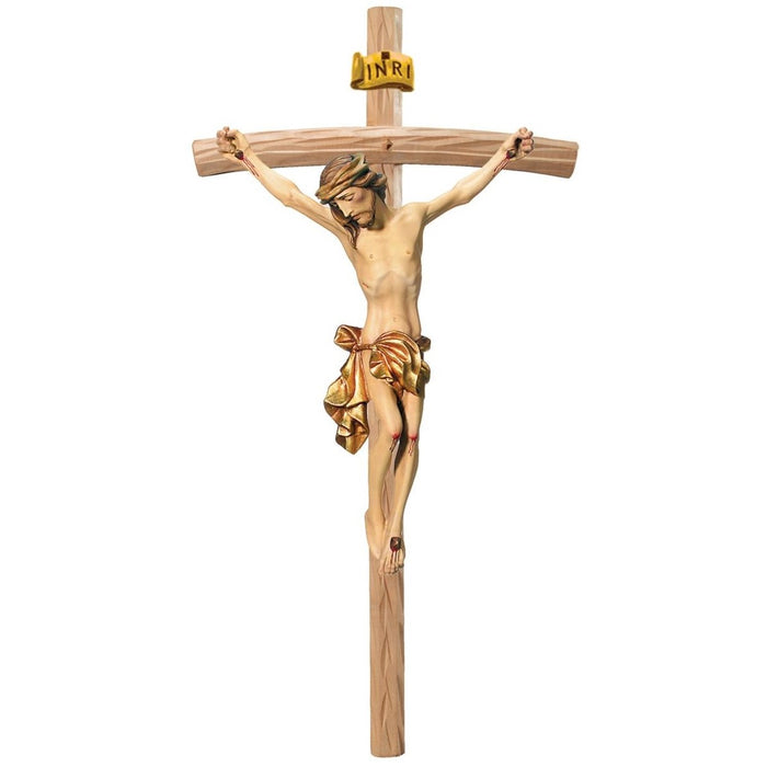 Curved Bar Wood Carved Crucifix, Body of Christ With Gilded Loincloth, Available In 12 Sizes