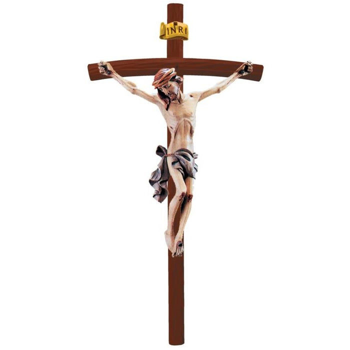 Curved Bar Wood Carved Crucifix, Body of Christ With Blue Loincloth, On Brown Coloured Cross Available In 13 Sizes