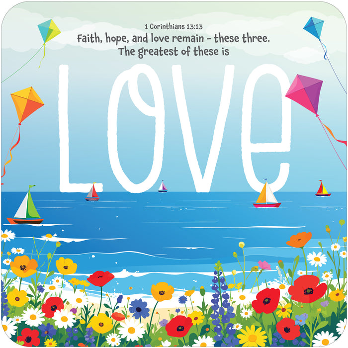Faith, Hope And Love, Coaster With Bible Verse - Size 9.5cm / 3.75 Inches Square