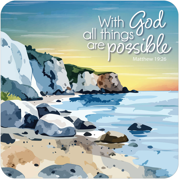 With God All Things Are Possible, Coaster With Bible Verse - Size 9.5cm / 3.75 Inches Square