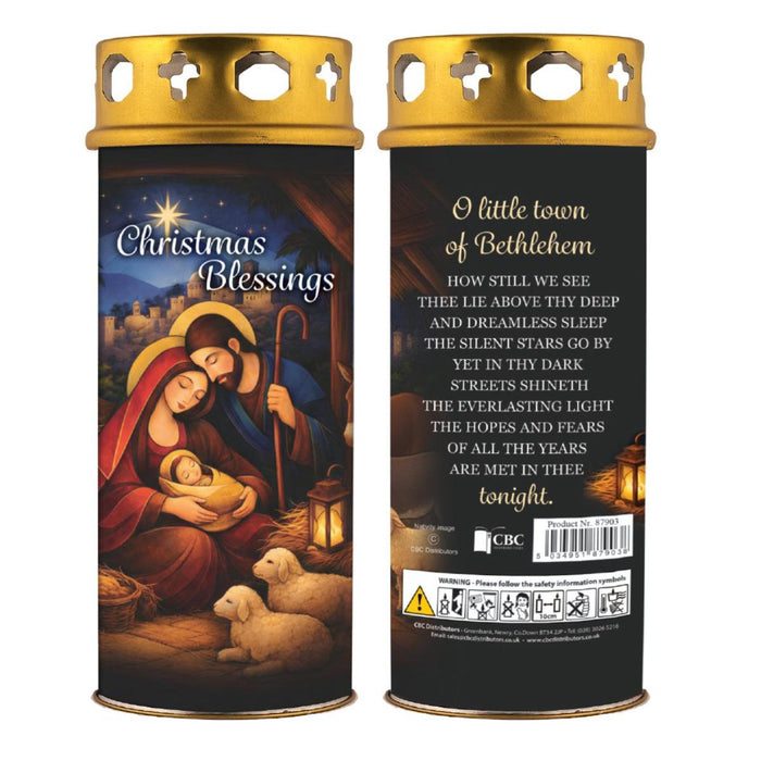 Christmas Candle, Christmas Holy Family - With Verse From Christmas Carol On The Reverse - Windproof Top 16.5cm High
