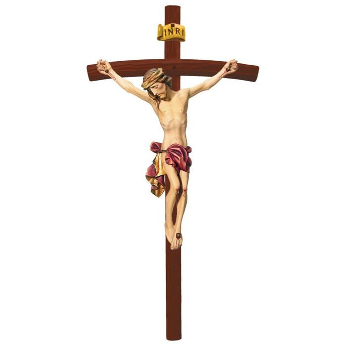 Curved Bar Wood Carved Crucifix, Body of Christ With Red Loincloth, On Brown Coloured Cross Available In 13 Sizes
