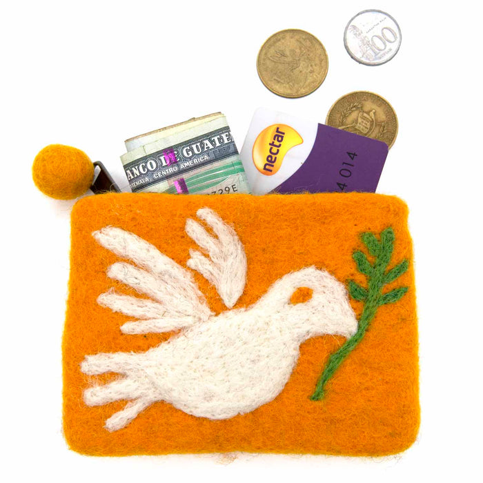 Dove Of Peace Felt Purse, Handmade In Nepal - Size 12cm Wide