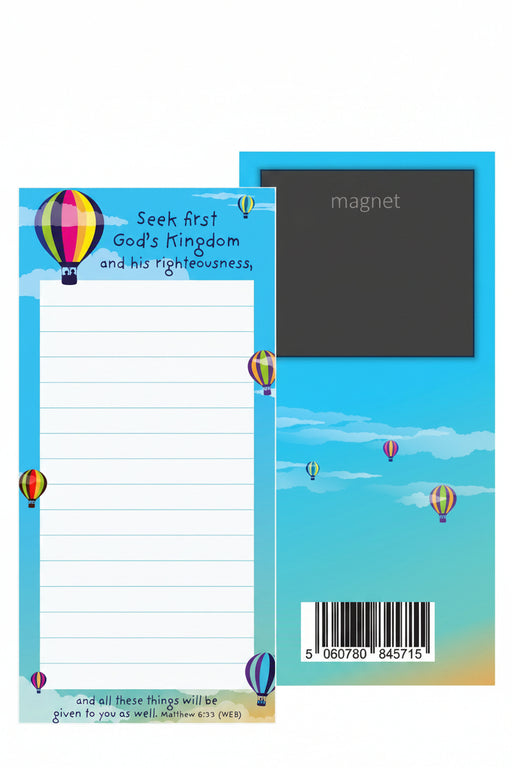 Just Cards 'Seek First God's Kingdom' prayer card set, showing the front with lined writing space and colorful hot air balloon illustrations, alongside the back with a magnetic panel and barcode.