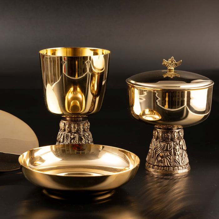 Chalice and Paten - The 12 Apostles - Gold Plated - Size 15.5cm / 6 Inches High, Chalice holds 400ml