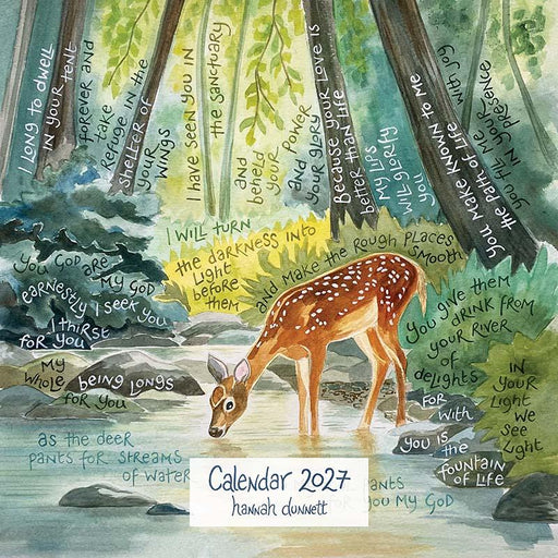 Watercolor-style 2027 calendar cover by Hannah Dunnett featuring a deer standing in shallow water among trees with handwritten inspirational quotes overlaid across the scene.