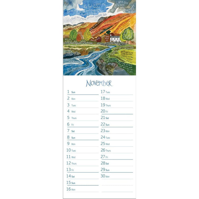 Calendar page for November with a colorful landscape illustration on a white background