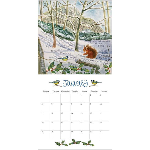 A January wall calendar page with a winter forest illustration at the top showing snow, bare trees, birds, and a squirrel, plus a printed calendar grid for the month below.