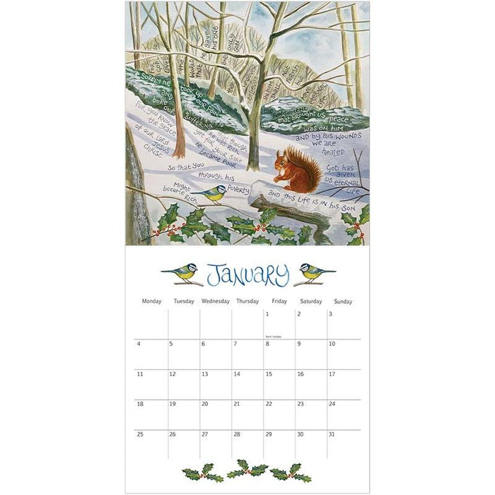 A January wall calendar page with a winter forest illustration at the top showing snow, bare trees, birds, and a squirrel, plus a printed calendar grid for the month below.