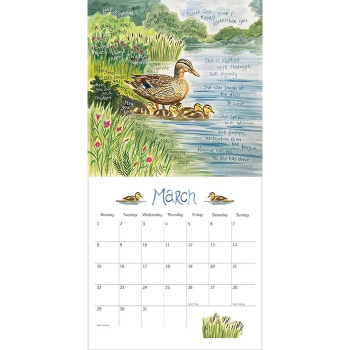 A March wall calendar page featuring a painted duck family scene above a printed calendar grid. The artwork shows a brown duck with two yellow ducklings beside water, flowers, trees, and handwritten-style text.