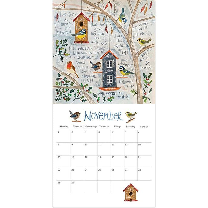 A bird-themed calendar page showing a decorative illustrated upper section with birds, trees, and handwritten-style text, plus a November calendar grid below on a white background.