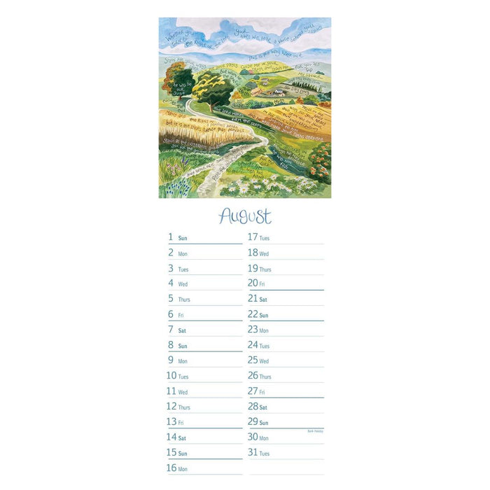 A vertical monthly calendar page showing a colorful landscape painting of rolling green and yellow hills with a winding blue path under a blue sky. Below the artwork is the heading 'August' and a grid of numbered days from 1st to 31st with lined writing space.