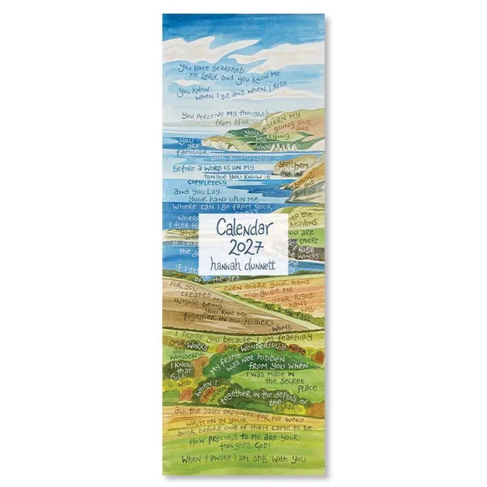 A tall, narrow 2027 Jeremiah 1:10 daily calendar featuring a colorful hand-painted landscape illustration with Bible verses written throughout. The center label reads 'Calendar 2027 Jeremiah 1:10 Hannah Clunnett'.