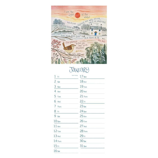 A January calendar page featuring a watercolor-style landscape illustration at the top with inspirational text and a bird, plus a lined monthly schedule below on a white background.