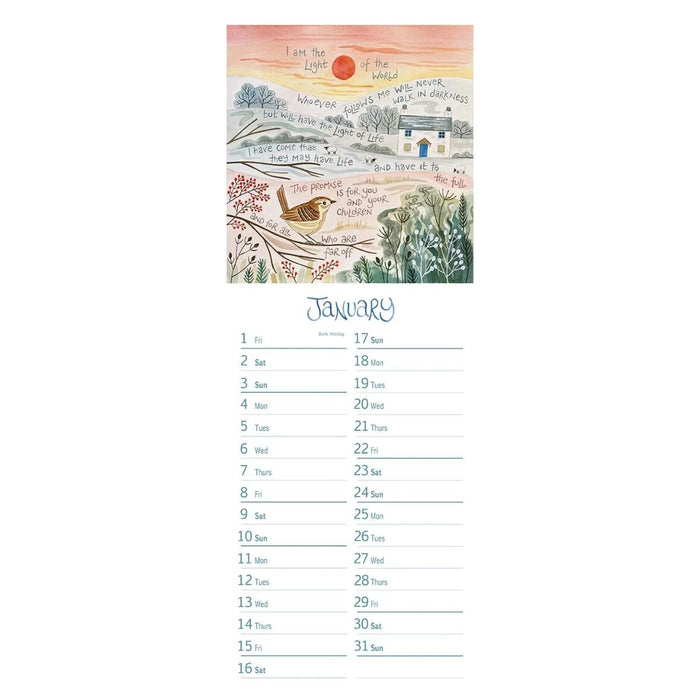 A January calendar page featuring a watercolor-style landscape illustration at the top with inspirational text and a bird, plus a lined monthly schedule below on a white background.