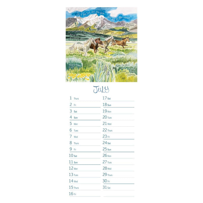 A vertical desk calendar page featuring a colorful watercolor illustration of horses in a grassy field with mountains in the background, above a printed July calendar layout with days of the week and blank lines for writing.