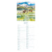 A vertical desk calendar page featuring a colorful watercolor illustration of horses in a grassy field with mountains in the background, above a printed July calendar layout with days of the week and blank lines for writing.
