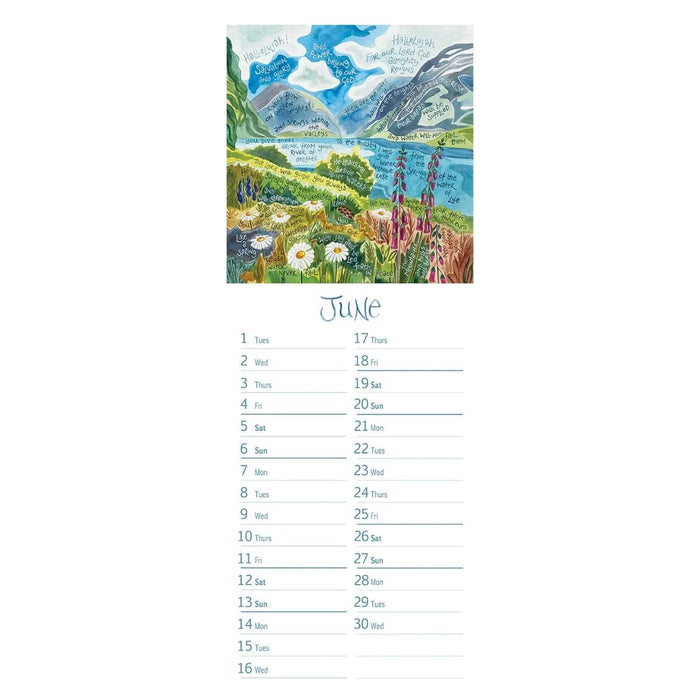 A vertical wall calendar page for June featuring a colorful landscape illustration at the top and a printed day-of-week schedule below on a white background.