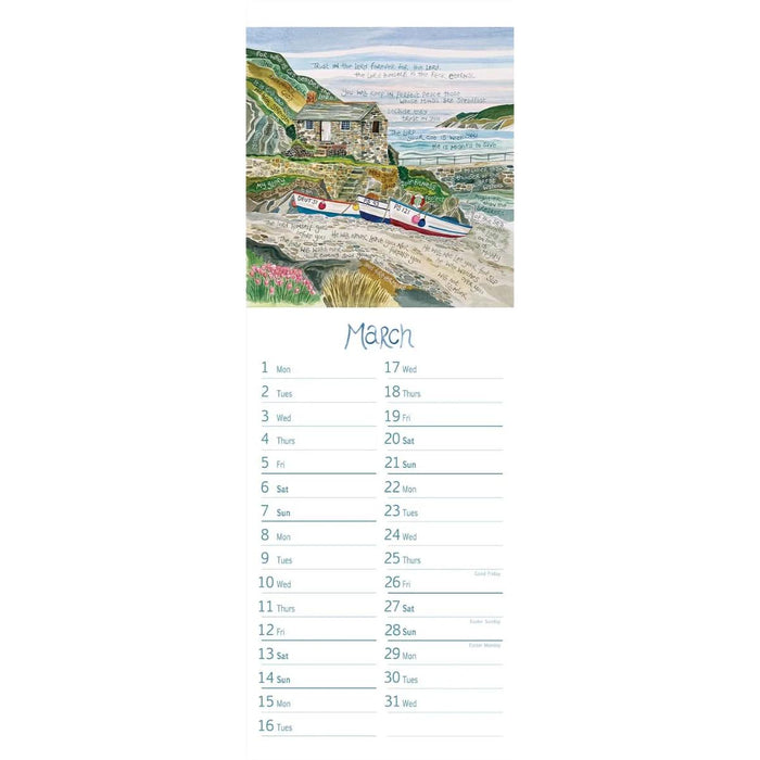 A printed calendar page showing an illustrated coastal scene at the top and a March schedule grid below, photographed on a plain white background.
