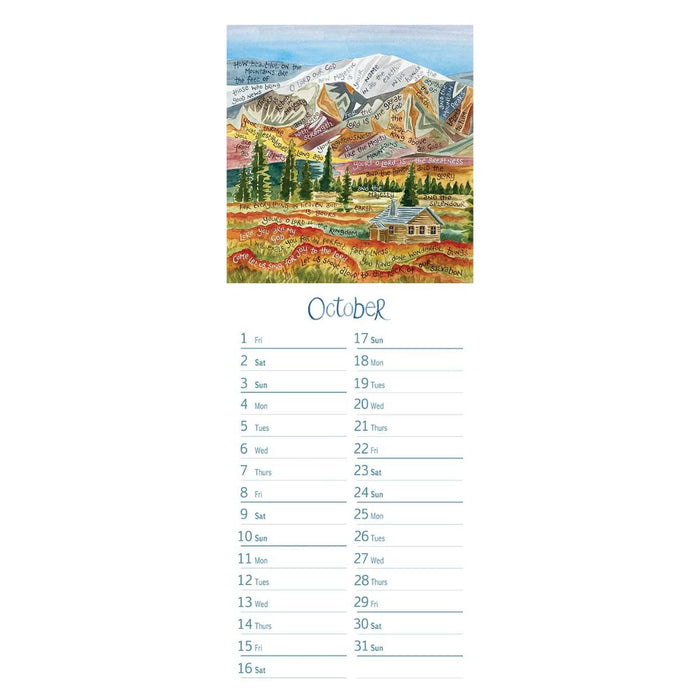 A single-page October calendar spread with a colorful mountain landscape illustration at the top and lined date-writing sections below on a white background.