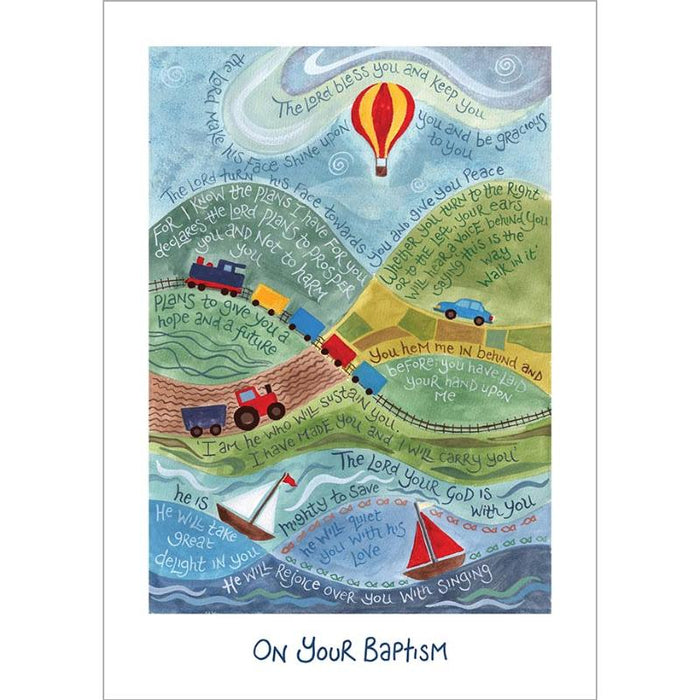 On Your Baptism - Greetings Card With Bible Verses A5 Size - Balloon and Boats Design, Original Artwork by Hannah Dunnett