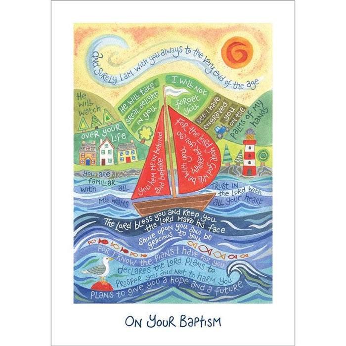 On Your Baptism - Greetings Card With Bible Verses A5 Size - Sailing Boat Design, Original Artwork by Hannah Dunnett