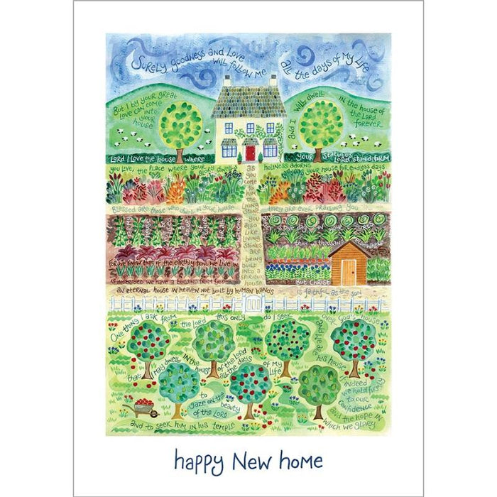 Happy New Home - Greetings Card With Bible Verses A5 Size - House and Garden Design Original Artwork by Hannah Dunnett