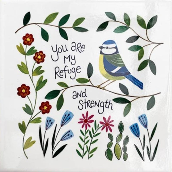 You are My Refuge and Strength - Ceramic Coaster Garden Birds With Bible Verse, Size 10cm Square