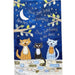 Decorative towel with cats on a stone wall against a night sky with stars and moon.