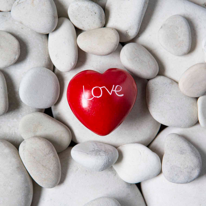 Red Love Heart, Hand carved Soapstone Engraved with Love  4.5cm / 1.75 Inches High