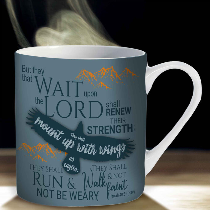 But those who wait for the Lord shall renew their strength, Gift Boxed Bone China Mug With Bible Verse Isaiah 40:31 Size 9cm / 3.5 Inches High