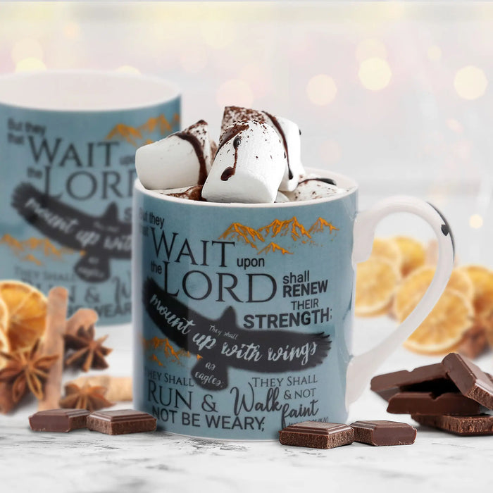 But those who wait for the Lord shall renew their strength, Gift Boxed Bone China Mug With Bible Verse Isaiah 40:31 Size 9cm / 3.5 Inches High