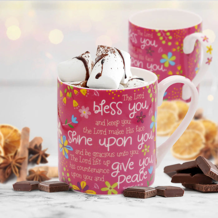 The Lord Bless You & Keep You, Gift Boxed Pink Bone China Mug With Bible Verse Numbers 6: 24-26 Size 9cm / 3.5 Inches High