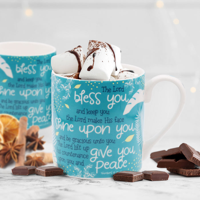The Lord Bless You & Keep You, Gift Boxed Blue Bone China Mug With Bible Verse Numbers 6: 24-26 Size 9cm / 3.5 Inches High