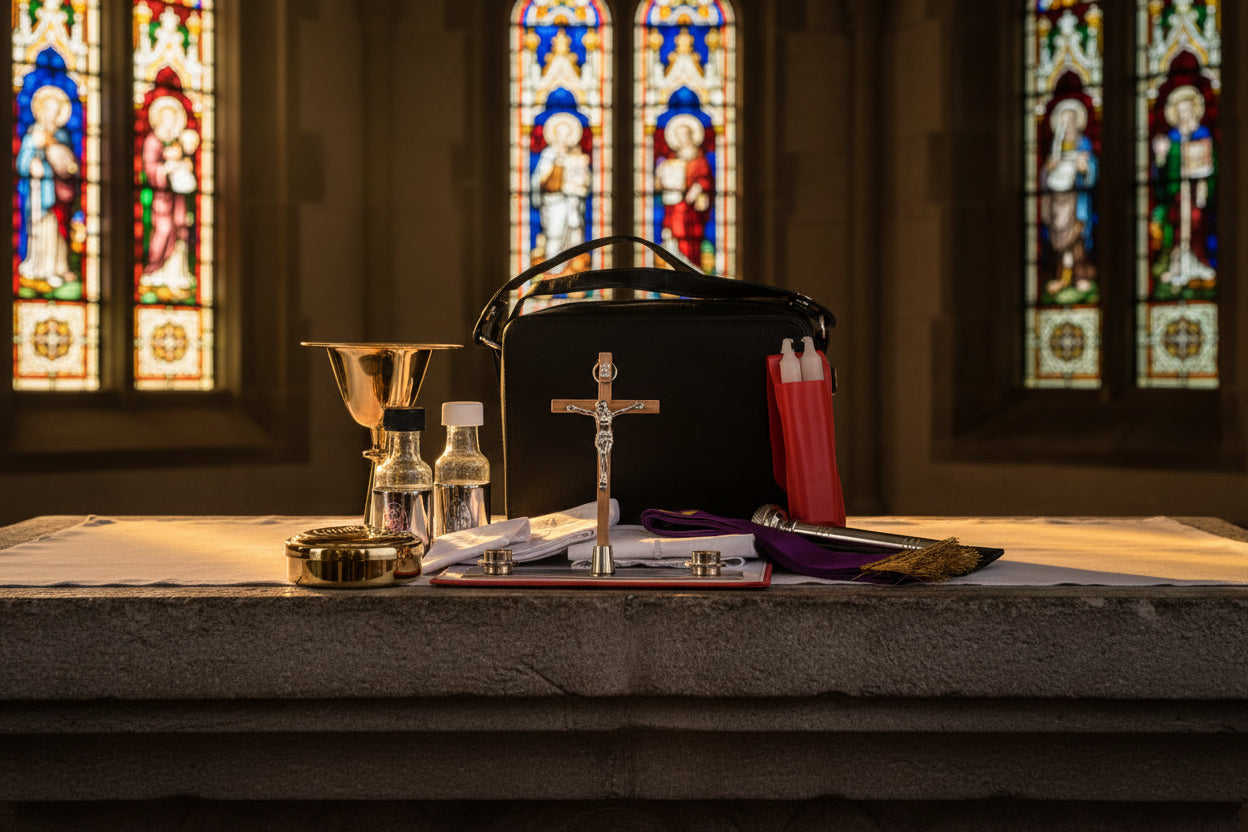 Religious items including a cross, purple ribbon, and gold censer on a dark surface.