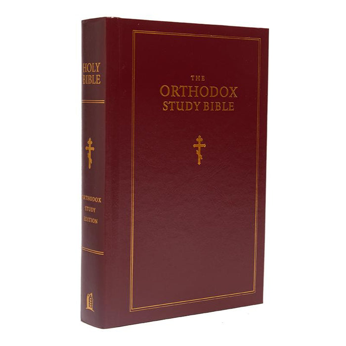 The Orthodox Study Bible, Holy Bible, shown as a dark red leather-bound book with gold lettering and trim on a white background.