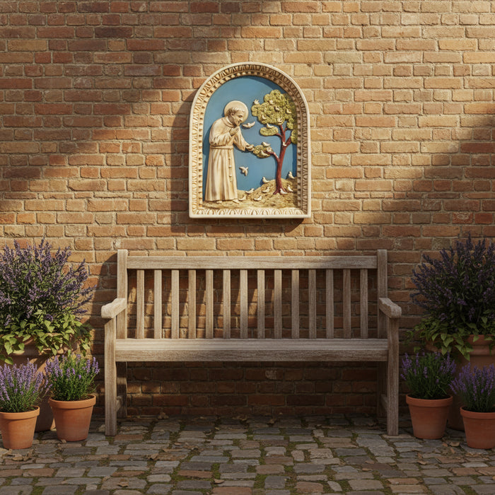 Decorative plaque of a religious figure interacting with birds and a tree on a blue background.