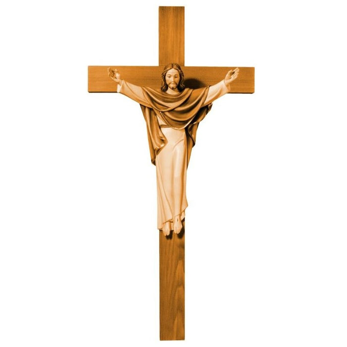 Wood Carved Risen Christ, Christus Rex Painted In Shades Of Brown With Cross, Available In Various Sizes